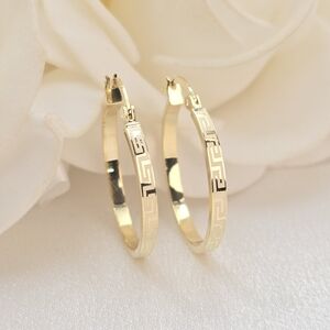 14k Gold Greek Pattern Hoop Earrings - 22mm - 2mm Thick